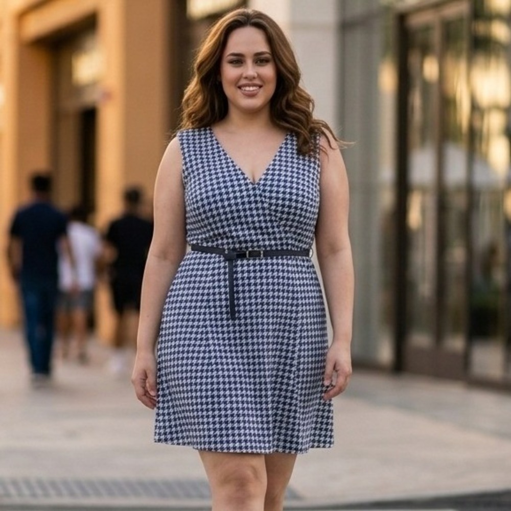 Lane Bryant Sleeveless Surplice Dress Blue Houndstooth Print Knee Length Summer